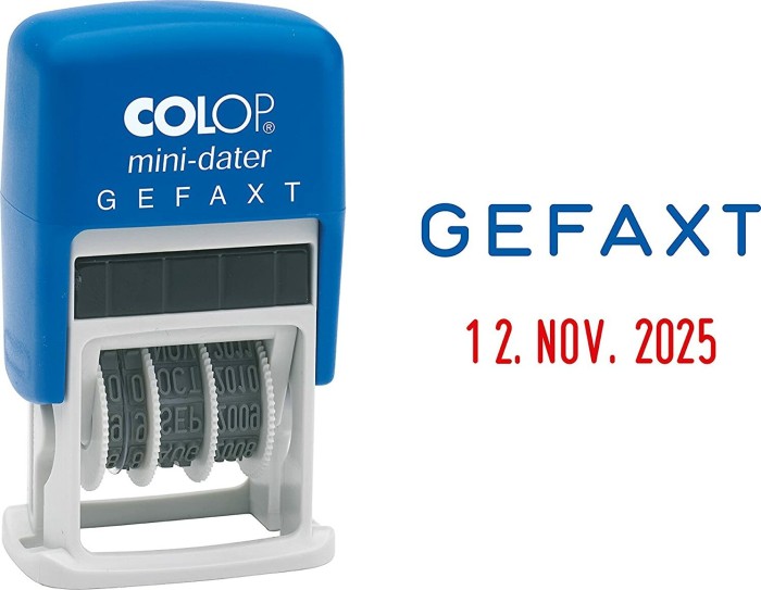 COLOP Mini-Dater S160/L4 Datumstempel mit Textplatte GEFAXT, 25x12mm, Monat in Buchstaben, blau
