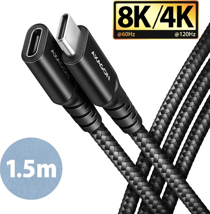 AXAGON USB-C extension, USB 3.2 Gen2x2, 20Gb/s, 8K60Hz, 240W PD EPR, USB-C [plug] to USB-C [socket], extension cable C/C, 1.5m (BUCM32-CF15AB)